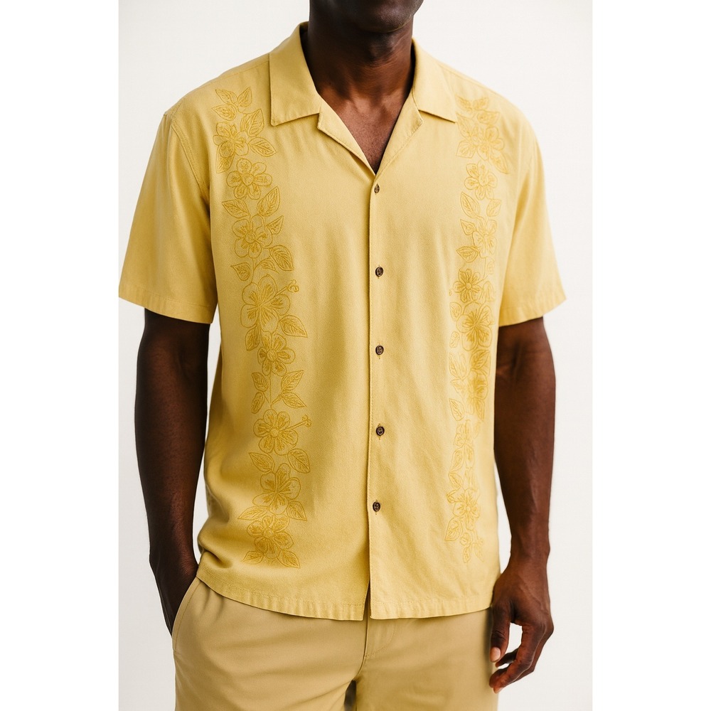 Tommy Bahama XL Tonal Floral‎ Silk Blend Camp Shirt Yellow Short Sleeve- Flawed
